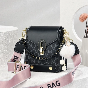 Women Monogram M Letter Shoulder Bag Fashion PU Leather Crossbody Bag With Wide Strap And Fur Ball Pendant Small Square Bag