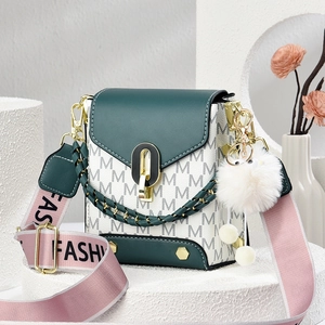 Fashion green white letter print crossbody bag with pink strap and plush ball charm