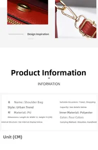 Detailed size chart of the red PU shoulder bag measuring 28cm x 12cm x 19cm in length