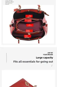 Detailed view of red tote bag with multi-layer interior and large storage compartments