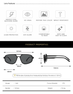 Detailed view of unisex PC pilot sunglasses with UV400 protection and specific dimensions