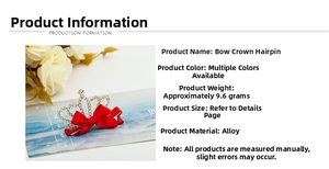 Detail of red satin bow hair clip with rhinestone crown and weight info on clean background