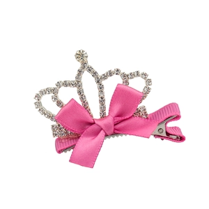 Pink ribbon bow hair clip with rhinestone crystal crown for girls in a front view