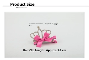 Detailed size view of pink ribbon bow hair clip with silver crystal crown measurements