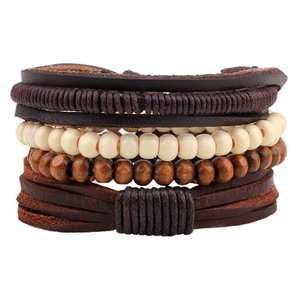 Retro multi-layer men's bracelet set featuring brown leather cords and wooden beads