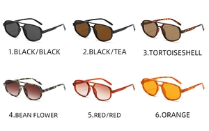 Detailed grid of double-bridge aviator sunglasses in six various frame colors