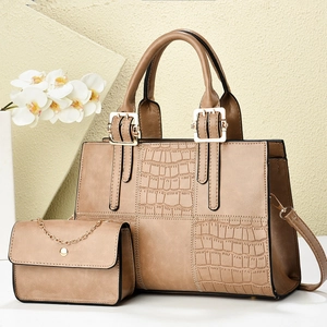 Brown PU leather handbag set with crocodile pattern detail and gold chain accessory