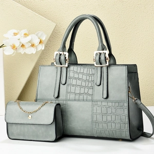 Chic 2-piece tote bag set with crocodile pattern texture in elegant grey-green finish