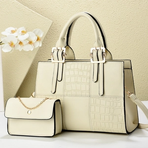 Creamy white 2-piece tote bag set with crocodile texture pattern and gold hardware