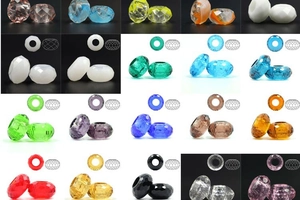 Detailed grid showing multi-colored faceted glass beads with precision cut and transparency