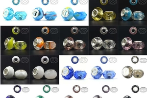 Macro view of multifaceted crystal glass beads with metal large-hole cores in various colors