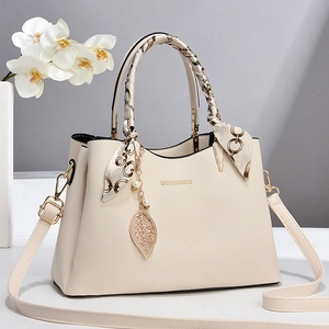 Women Handbag PU Leather Litchi Pattern Scarf Wrapped Handle Large Capacity Shoulder Bag With Leaf Artificial Pearl Pendant