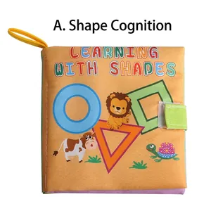 Educational 3D baby cloth book for learning shapes with cartoon animals and hanging ring