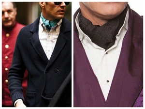 Detailed comparison of men's patterned ascot ties in teal polka dot and black geometric styles