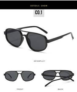 Detailed views of double-bridge aviator sunglasses with black frames and dark lenses