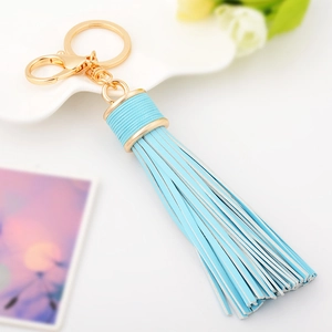 Chic light blue leather tassel keychain with gold lobster clasp for bags and car keys
