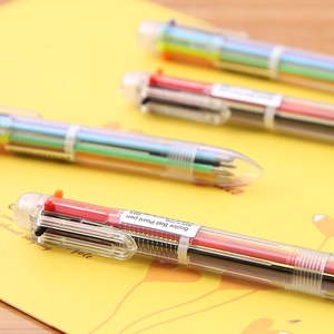 Macro view of transparent 6-color ballpoint pens with multi-color ink and SM-6 label