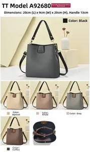 Detailed views of crossbody bucket bag with dimensions 20x9x20cm and 5 color options