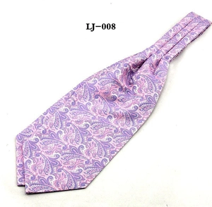 Detailed close-up of light purple paisley jacquard silk ascot tie for men's casual wear