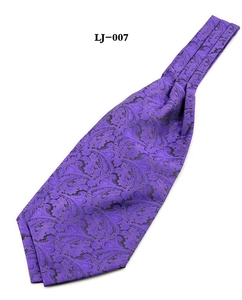 Detail of purple paisley jacquard pattern on high-quality men's Ascot necktie