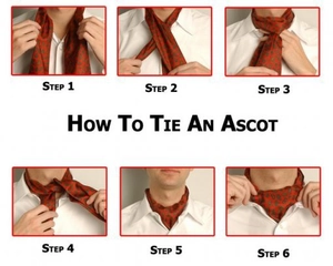 Step-by-step tutorial for tying a red paisley ascot tie on a white dress shirt
