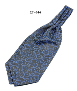 Men's Ascot tie with blue floral vine pattern on black satin fabric, style LJ-016