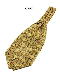 Detail view of LJ-003 men's yellow paisley jacquard ascot tie with silk texture