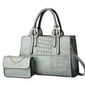 Gray-blue leather tote bag set with crocodile pattern and gold hardware accents