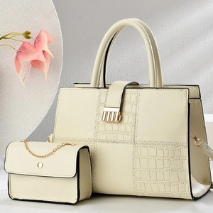 Elegant beige crocodile pattern faux leather tote bag with matching chain handbag set
