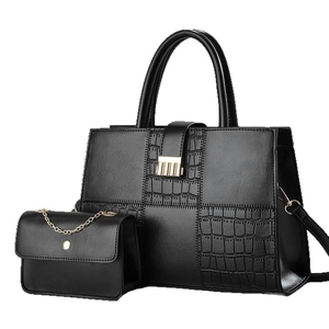 Elegant black faux leather tote and chain bag set with crocodile texture accents