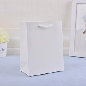Close-up of minimalist white paper gift bag featuring a durable twisted rope handle