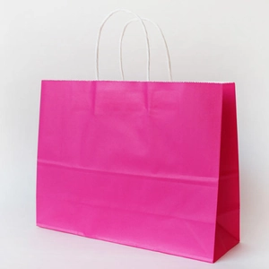 Detailed close-up of pink kraft paper gift bag with white twisted paper handles