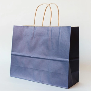 Close-up of deep blue kraft paper gift bag with brown twisted paper rope handles