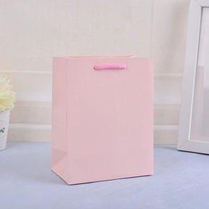 Detail of pink paper gift bag featuring soft woven rope handles and smooth matte finish