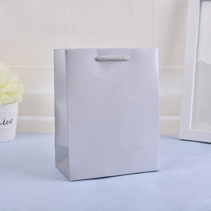 Detail of silver matte paper gift bag with matching twisted rope handles on a table