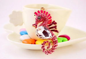 Detail of seahorse keychain with pink rhinestones and a large teardrop crystal charm