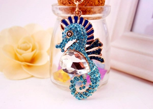 Detail of blue rhinestone seahorse keychain with a large clear crystal accent pendant