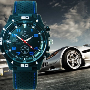Men's sports racing watch with black silicone strap and blue stitching on racetrack