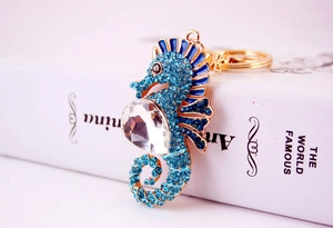 Detailed view of seahorse keychain with blue rhinestones and teardrop crystal