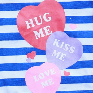 Close-up of blue and white striped pet vest with colorful heart prints and slogans