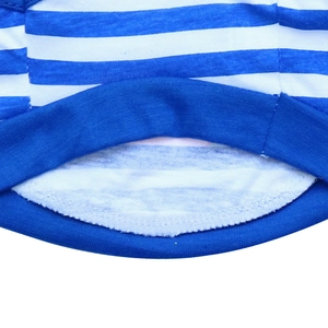 Detailed close-up of blue and white striped pet vest with elastic ribbed hem stitching