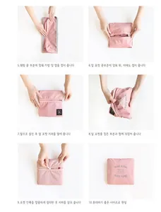 Step-by-step guide showing how to fold the pink waterproof travel bag into a compact pouch