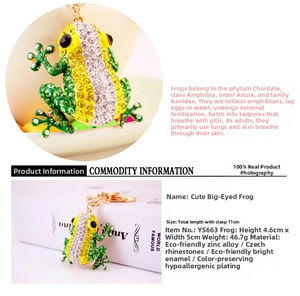 Detail view of crystal rhinestone frog keychain with size specs and zinc alloy materials