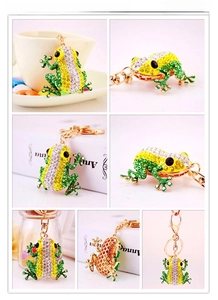 Detail of frog keychain showing colorful rhinestones and gold-tone lobster clasp hook