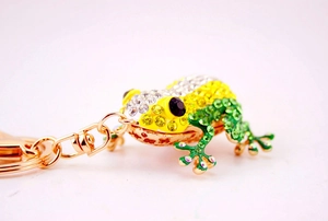 Detailed side view of a cute frog keychain decorated with vibrant colorful rhinestones