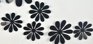 Detailed view of glossy black PVC 3D butterfly wall stickers in floral petal shapes