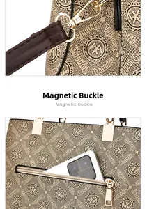 Détail du motif monogramme, du crochet en D en métal et de la poche zippée pour smartphone