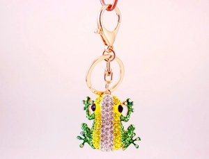 Close-up of sparkling rhinestone-encrusted frog keychain with polished metal clasp
