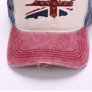Close-up of vintage cotton baseball cap with British flag and star metal rivets