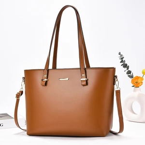 Elegant Women PU Leather Tote Bag Large Capacity Handbag With Golden Metal Decor And Detachable Strap Korean Style